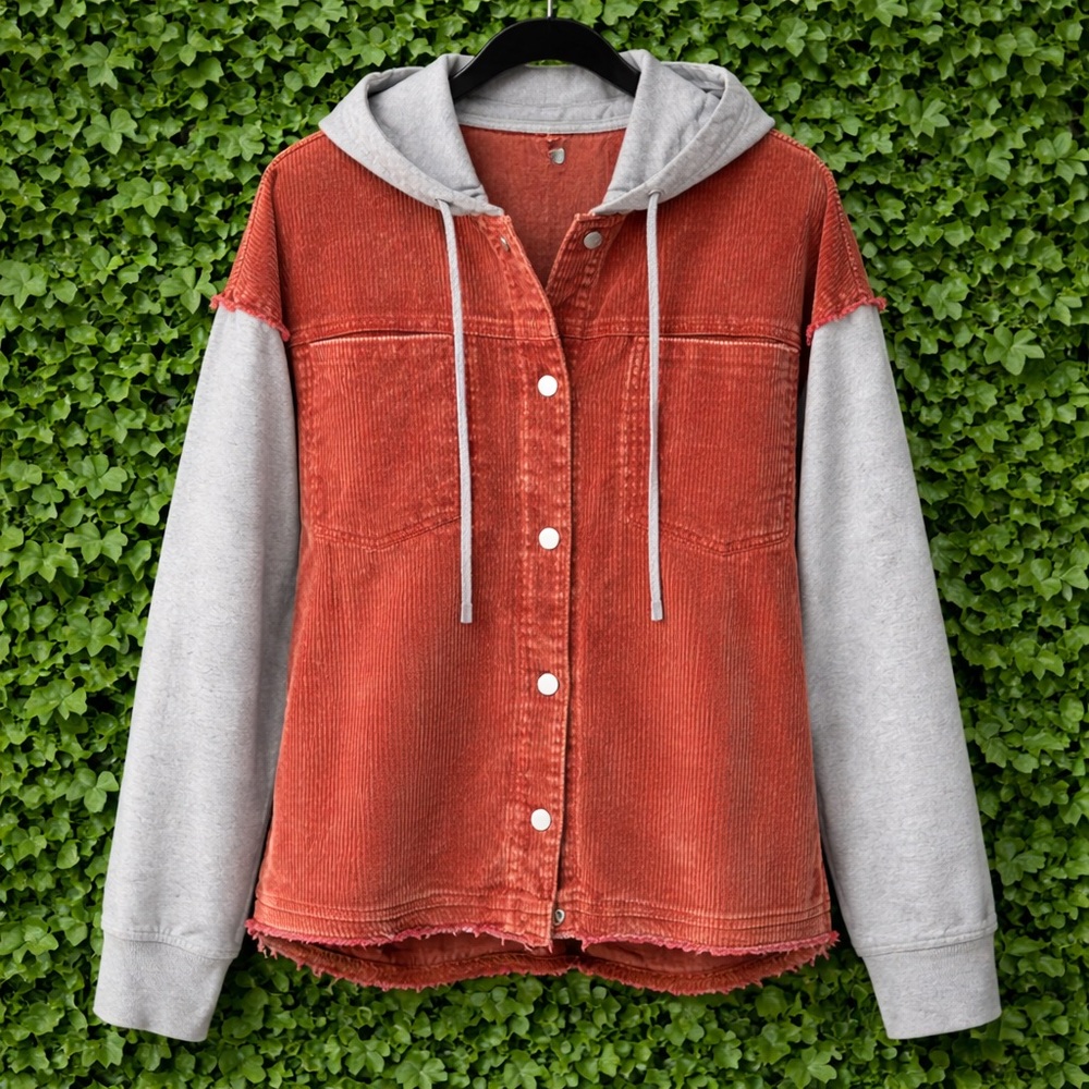 BiBi Corduroy Hoodie Shacket Jacket – Rust & Grey – NWT
